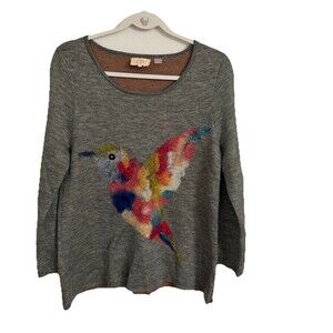 Anthropologie Starla Halfmann Sweater Medium Gray Colorful Hummingbird Wool